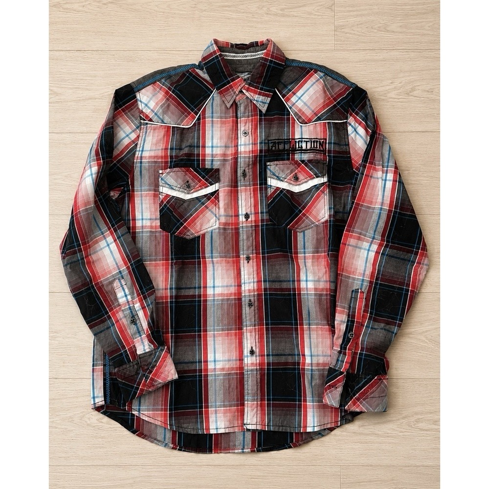 Affliction Black Premium Mens L Red Black Western Plaid Embroidered Y2K - Picture 2 of 6